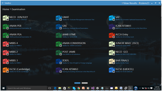 YataBox windows version displaying all exams available