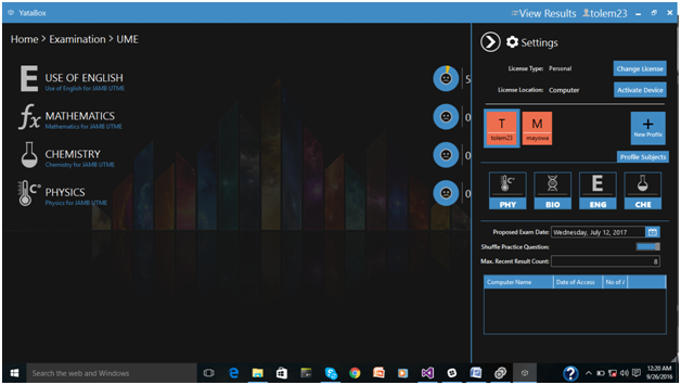YataBox for windows.. dashboard for your selected exam
